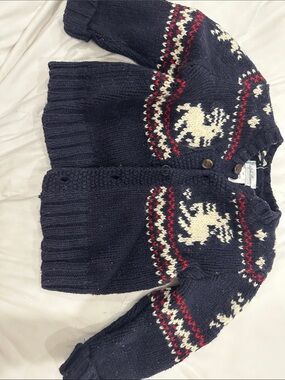 Ralph Lauren Navy Blue Knit Cardigan with White and Red Fair Isle Reindeer